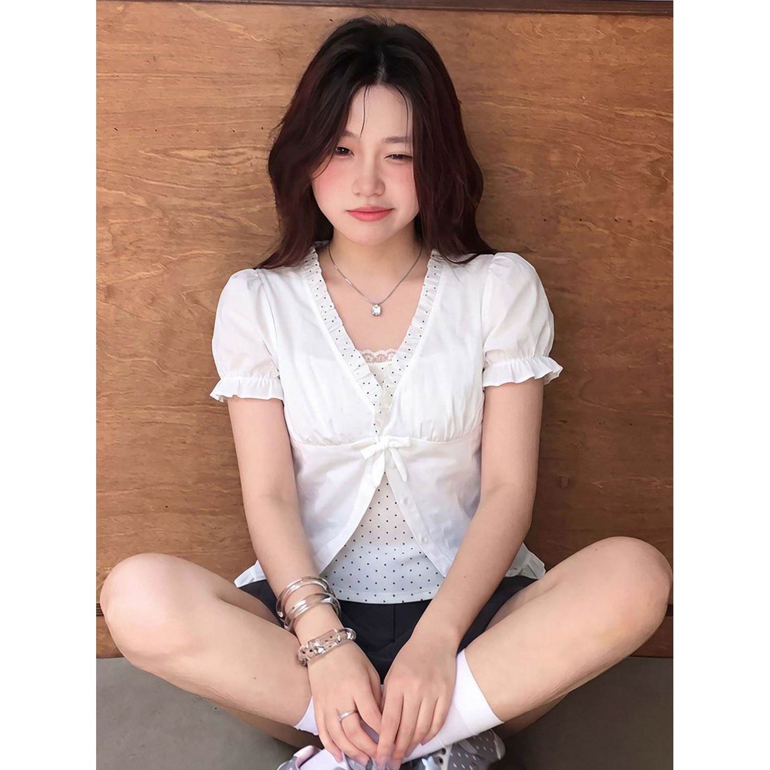 大码韩系假两件V领短袖上衣荷叶边蝴蝶结甜美小衫收腰显瘦衬衣女
