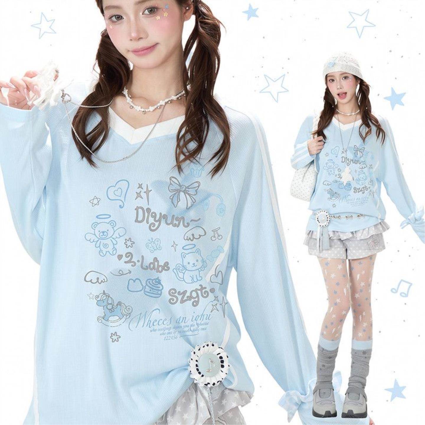 奶蓝色条纹V领长袖T恤女秋季2026新款美式复古宽松慵懒风轻亚上衣
