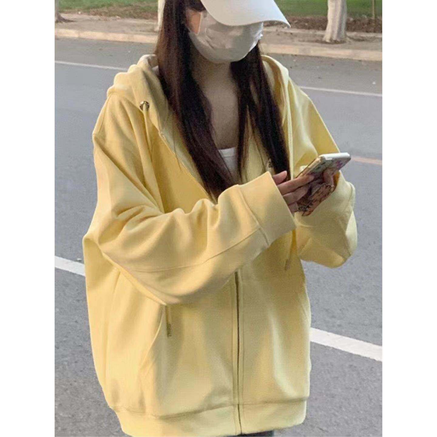 奶黄色开衫卫衣春秋薄款oversize纯色简约慵懒风连帽外套女