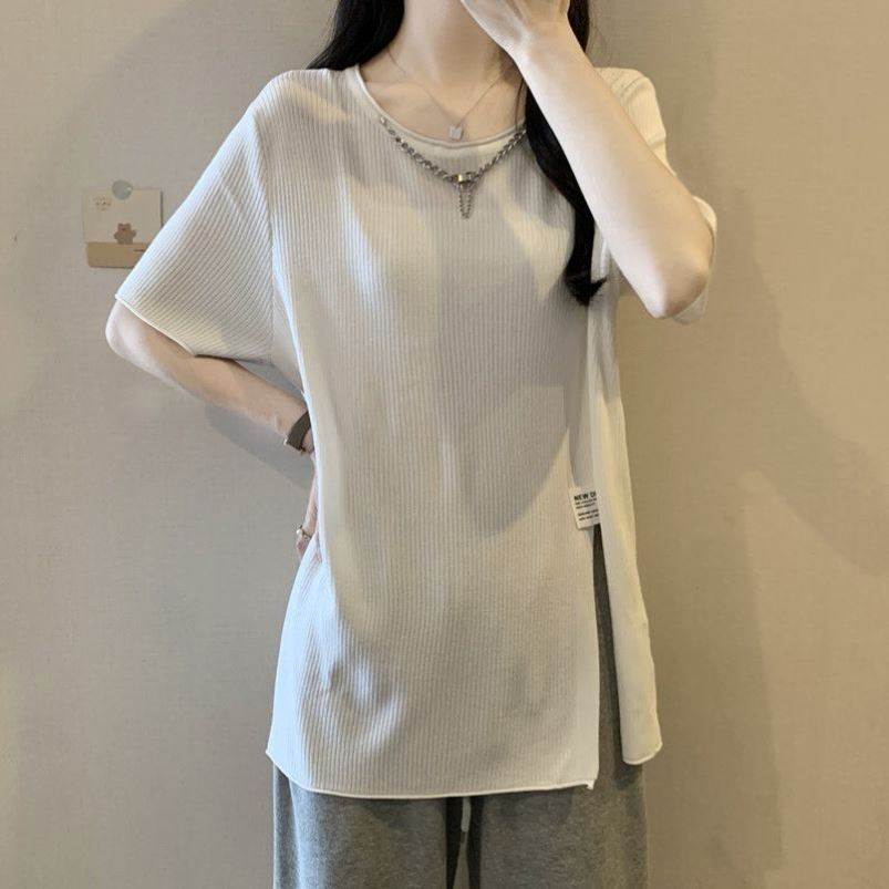 短袖t恤女夏季2026新款胖MM显瘦设计感开叉中长款大码遮肚子上衣