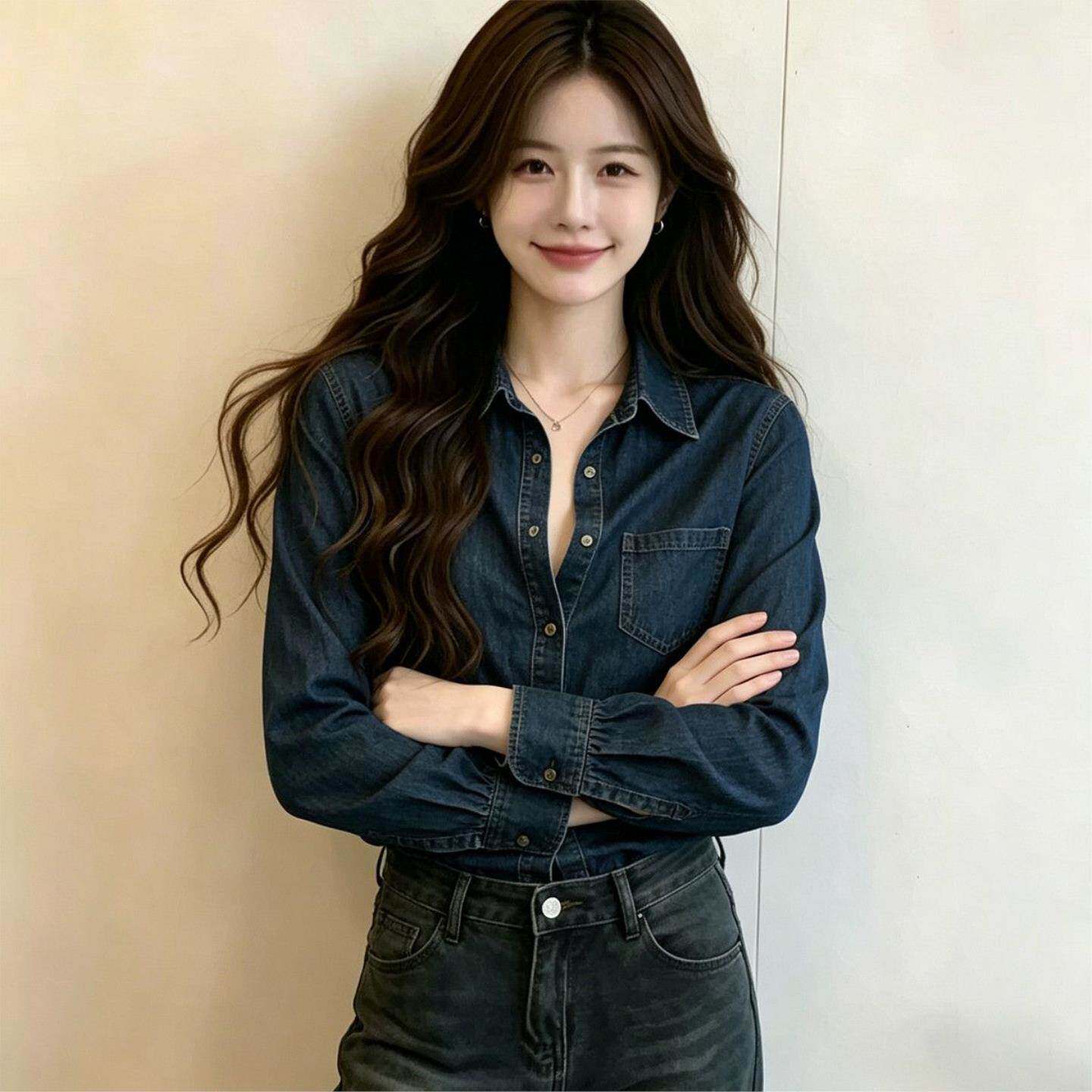 复古深色牛仔衬衫女秋季收腰显瘦喇叭袖设计感小众长袖上衣百搭
