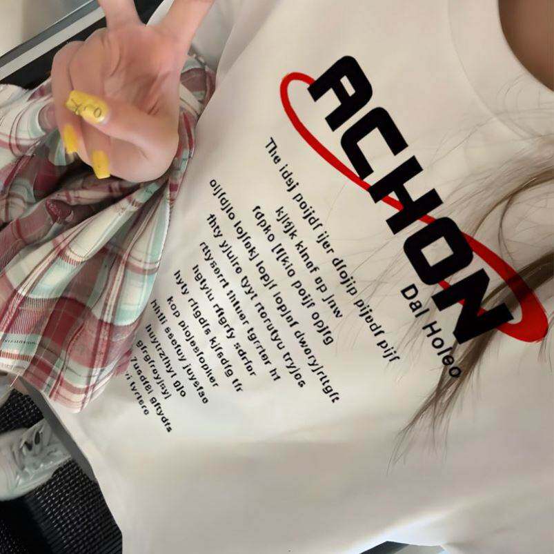 美式复古字母印花小众百搭t恤女新款街头棉中长款半袖白色上衣