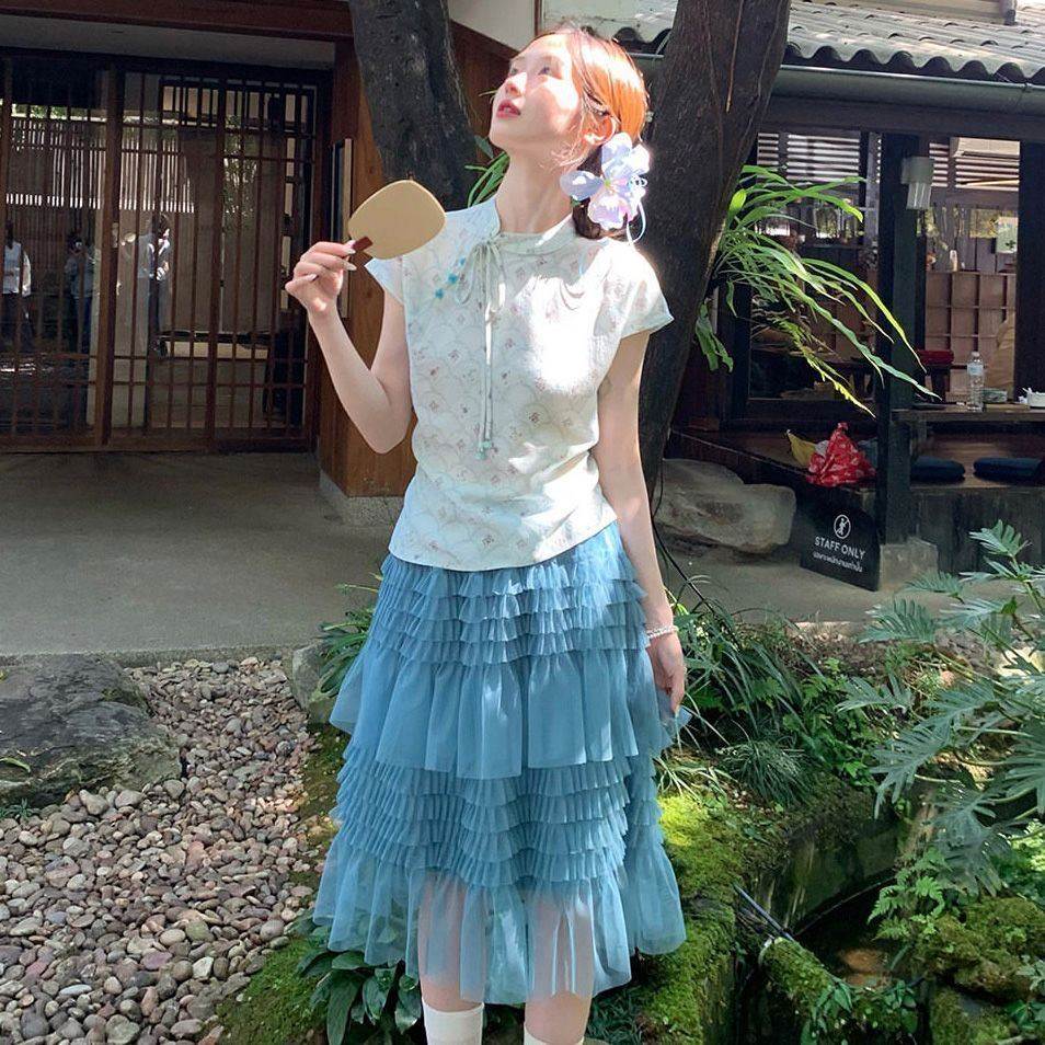 夏季新款新中式碎花改良旗袍领上衣套装女+蓝色网纱蛋糕裙两件套