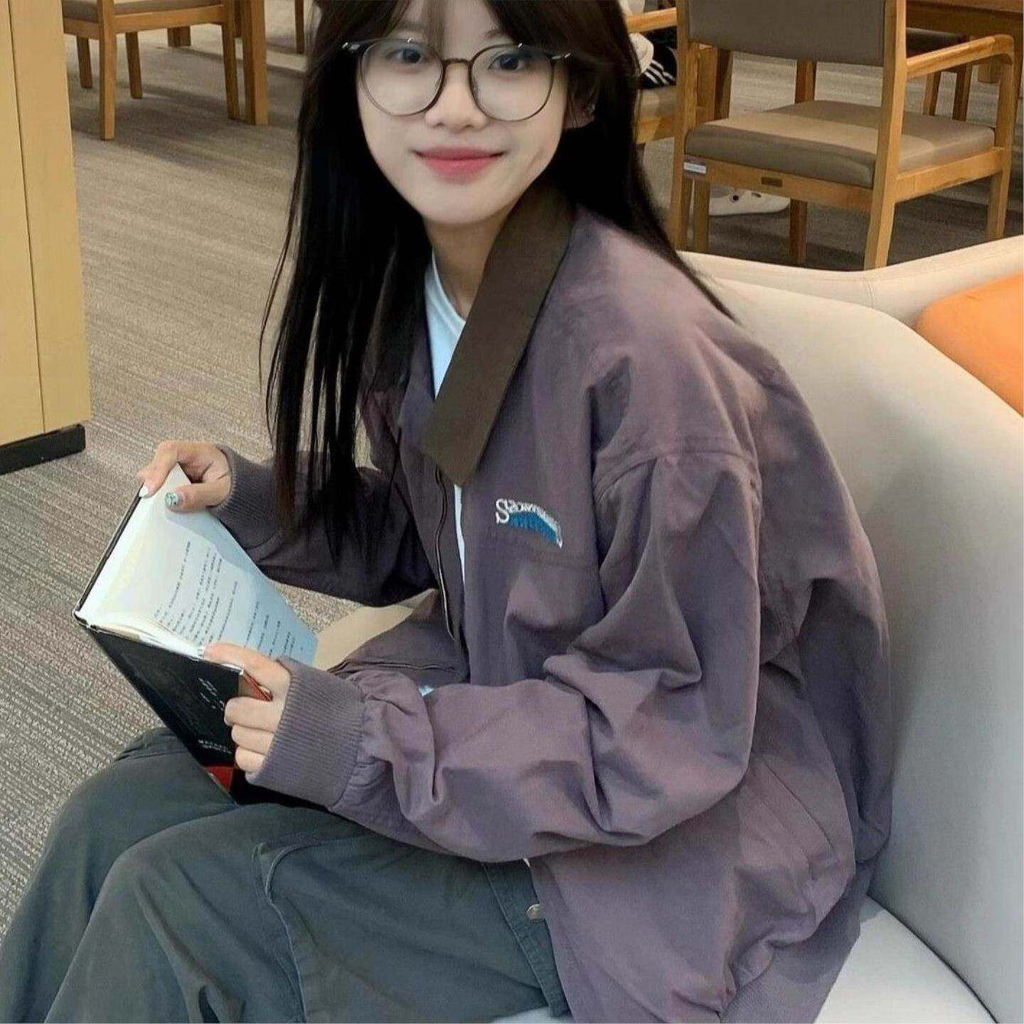 美式复古紫色工装翻领外套春秋新款小个子刺绣棒球宽松夹克上衣