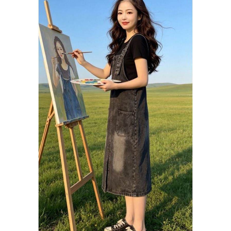 洋气炸街女装时尚两面穿牛仔背带裙宽松显瘦小个子开叉裙子