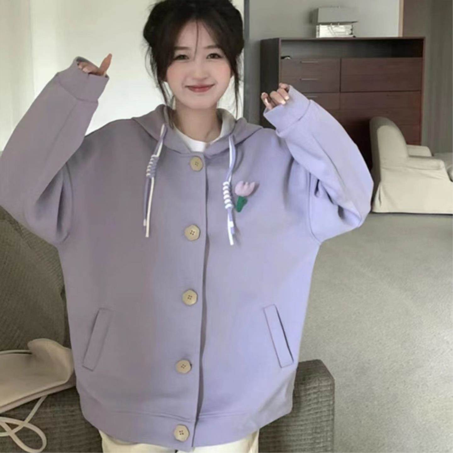 新款春春季薄款紫色宽松连帽开衫卫衣气质文艺森系甜美外套女