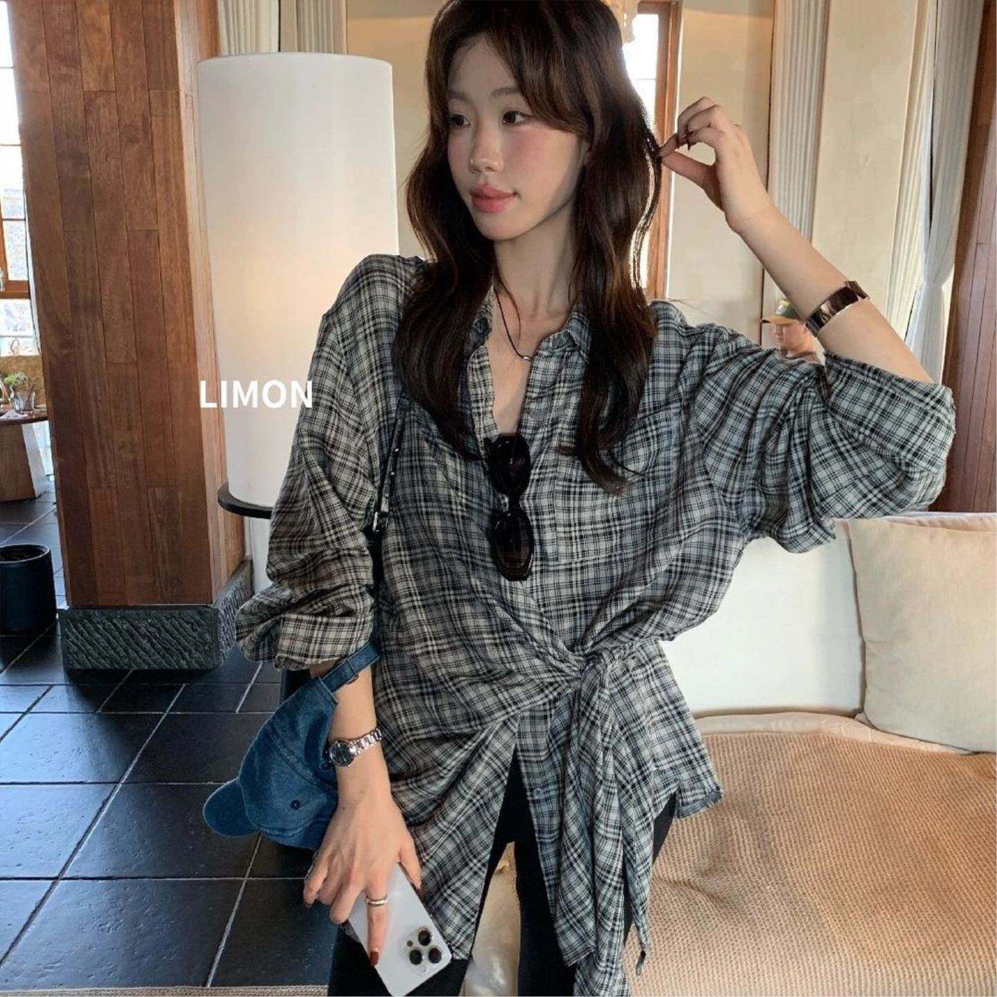 韩系打结格纹衬衫女设计感小众宽松慵懒风长袖上衣港味复古