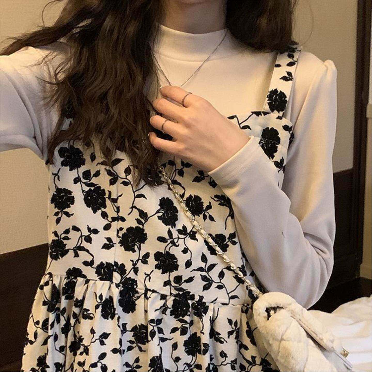 赫本风假两件碎花连衣裙女春秋新款设计感小众显瘦内搭中长款裙子