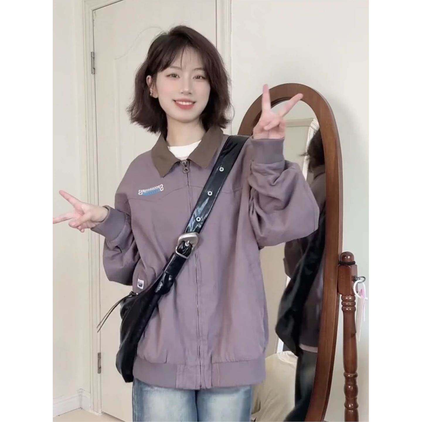 美式春季紫色小个子棒球服外套女春秋款刺绣翻领复古工装夹克上衣