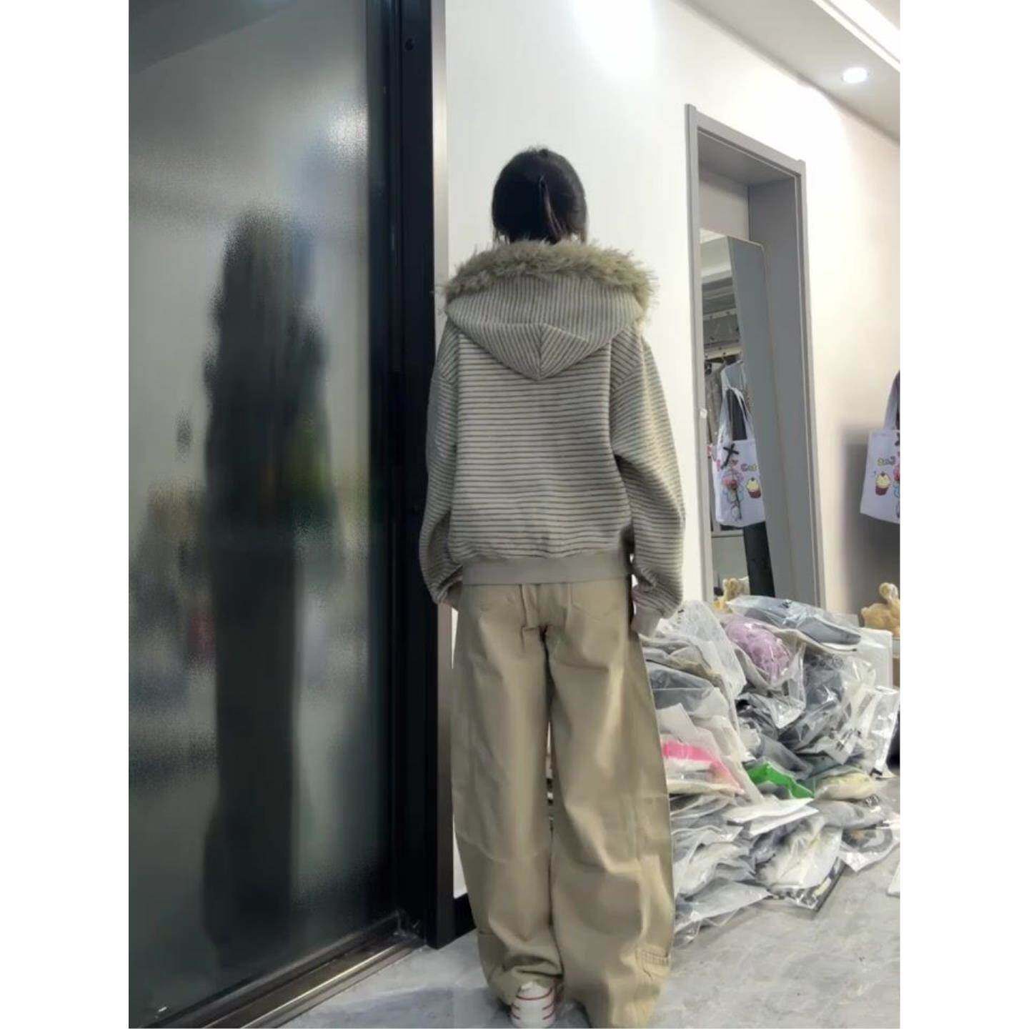 美式复古条纹连帽毛领外套卫衣女2026春夏新款设计感小众宽松开衫