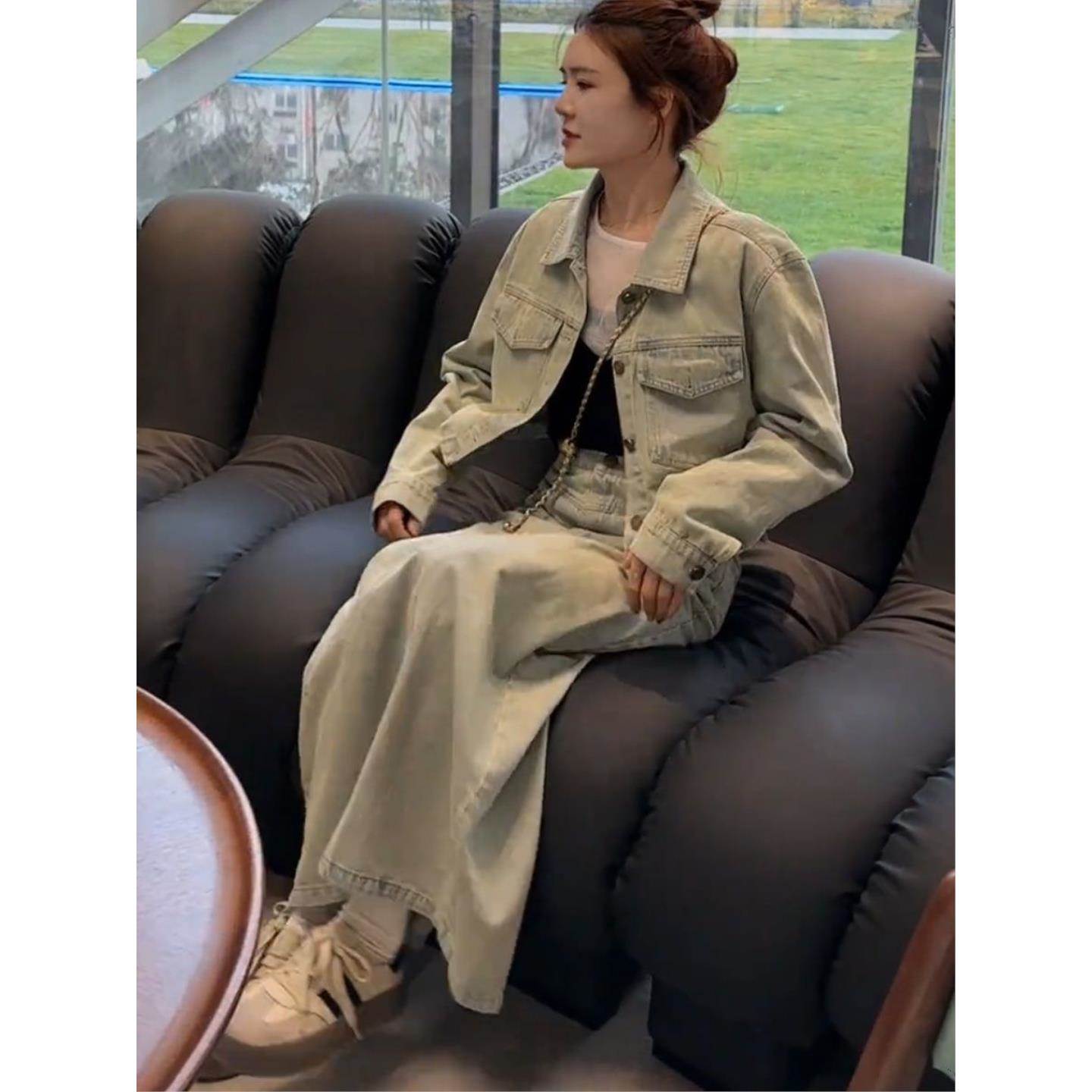 高级感洋气牛仔套装女春季复古短款长袖外套高腰开叉半身裙两件套