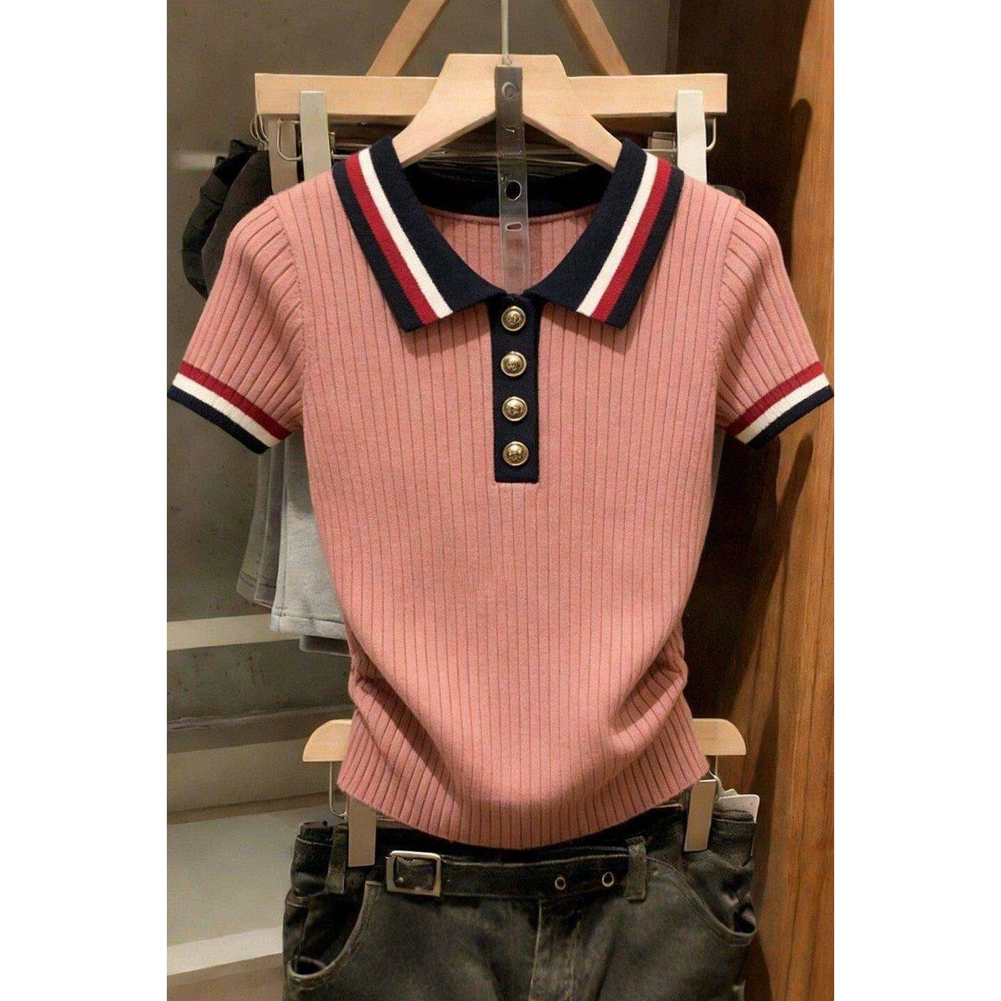 粉色条纹针织短袖t恤女春夏新款复古撞色polo衫修身显瘦百搭上衣