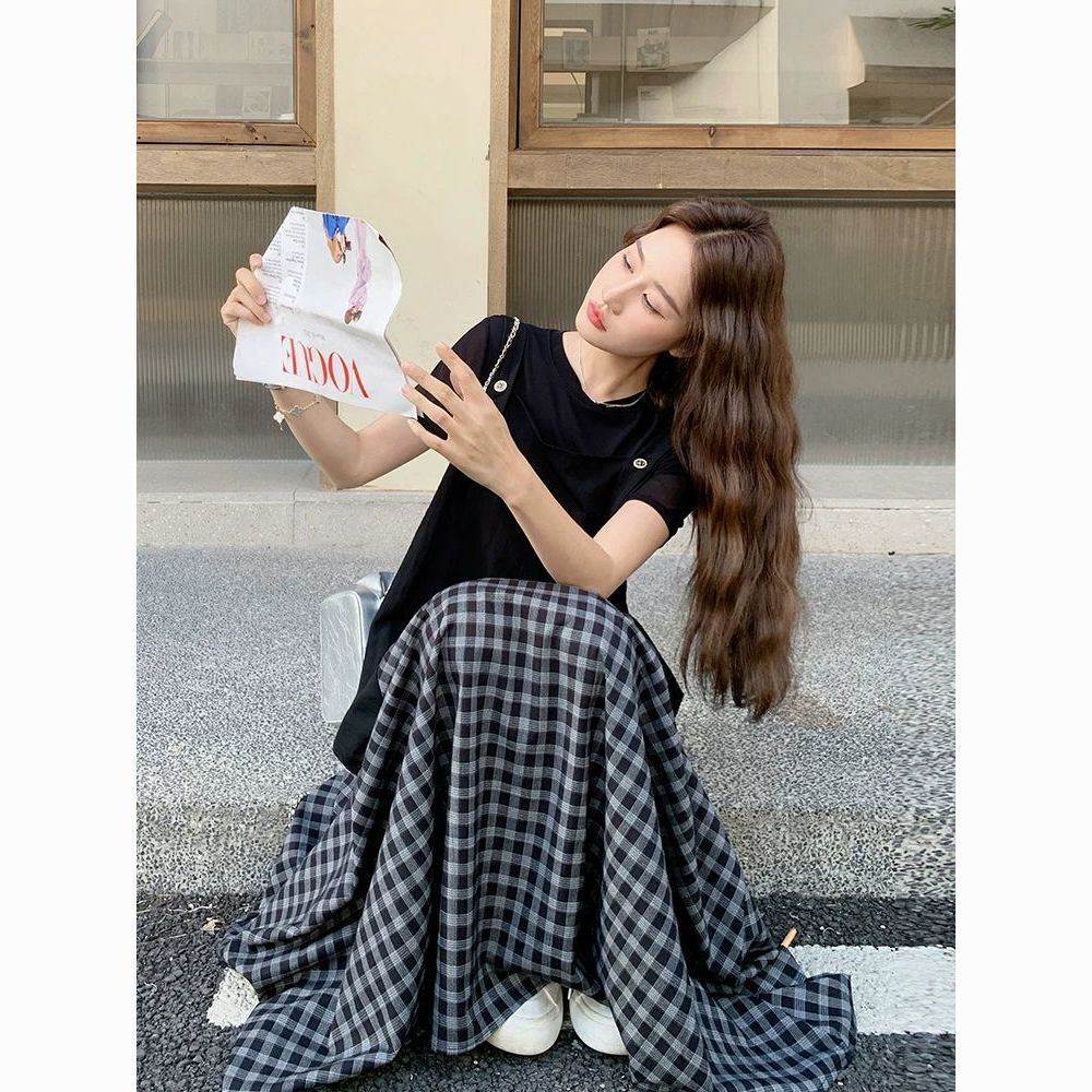 胖妹妹韩系不规则T恤格子套装裙加大码280斤宽松两件套