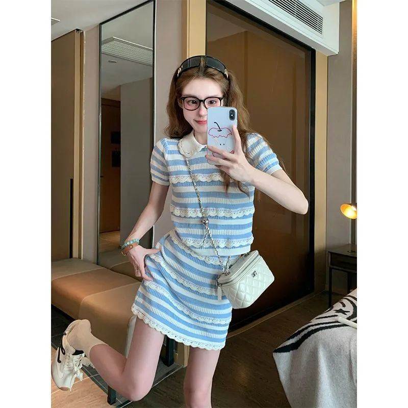蓝色条纹短袖裙子套装女2026新款夏季洋气减龄设计感半身裙两件套