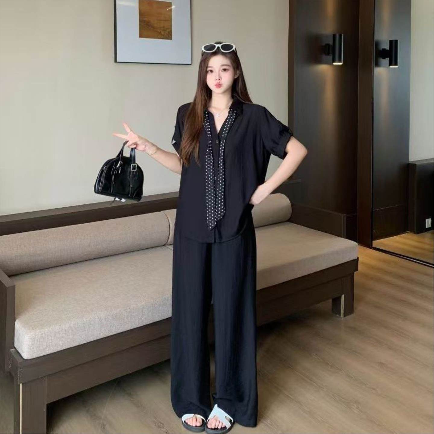 大码女装2026夏季新款韩系短袖衬衫薄款阔腿裤宽松休闲两件套装