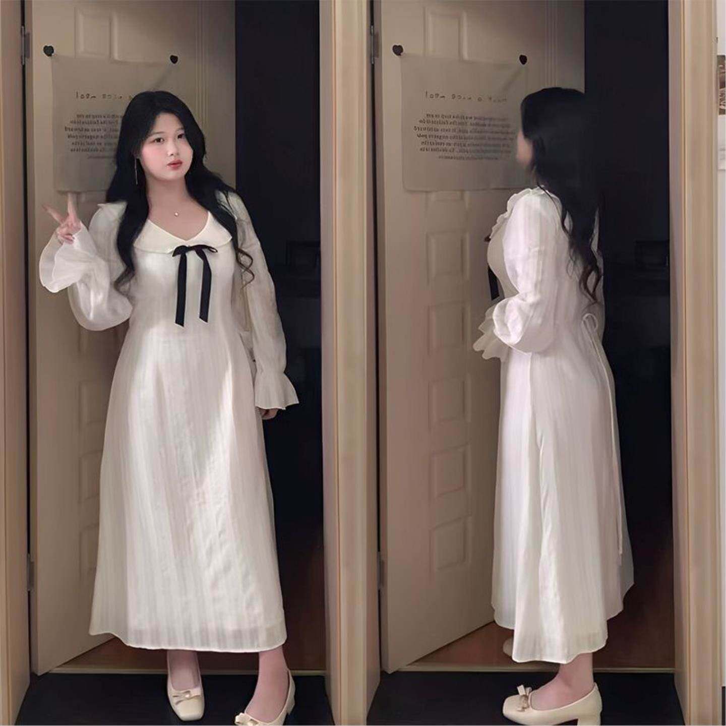 大码女装法式蝴蝶结长袖连衣裙春季微胖mm显瘦遮肉收腰气质长裙子