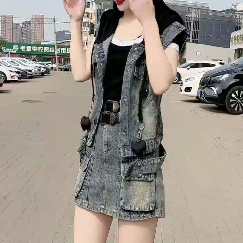 春夏季牛仔马甲短裤裙套装女夏网红新款时尚百搭休闲连帽两件套