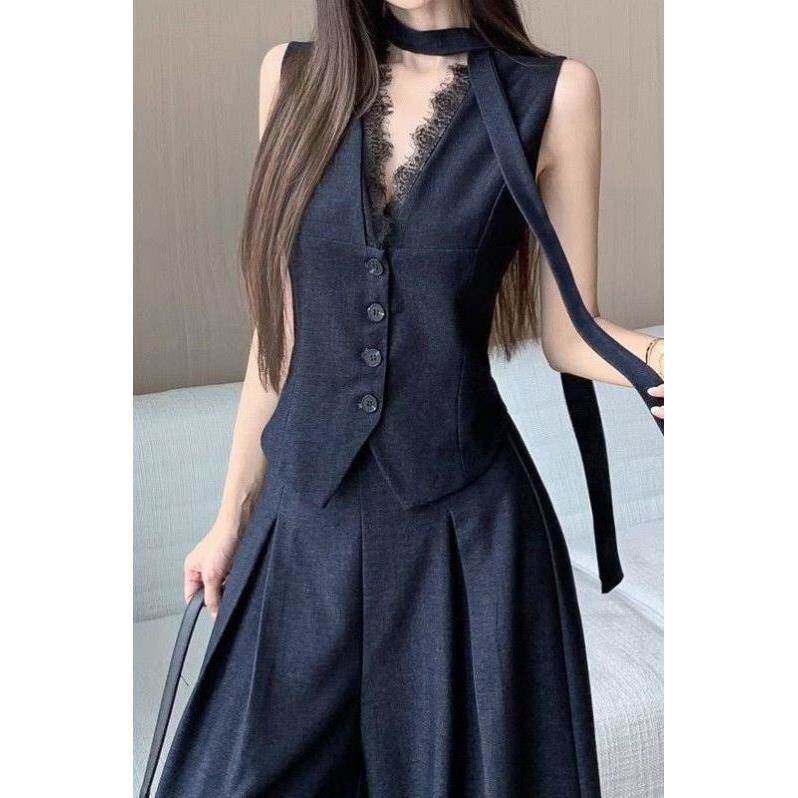 复古洋气牛仔套装女春夏时尚蕾丝马甲上衣搭高腰阔腿裤休闲两件套