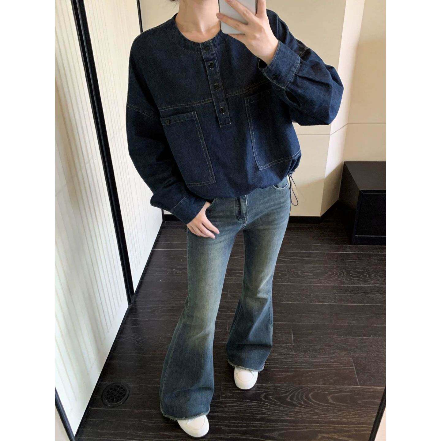 复古深蓝牛仔衬衫女春秋新款宽松显瘦设计感小众百搭长袖上衣外套
