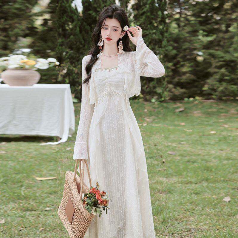 法式温柔甜美气质少女蕾丝长裙优雅连衣裙防晒开衫两件套装裙