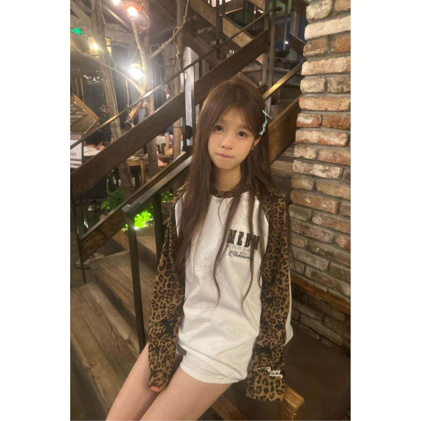 美式复古豹纹插肩纯棉长袖T恤女高档秋季新款设计感情侣撞色上衣