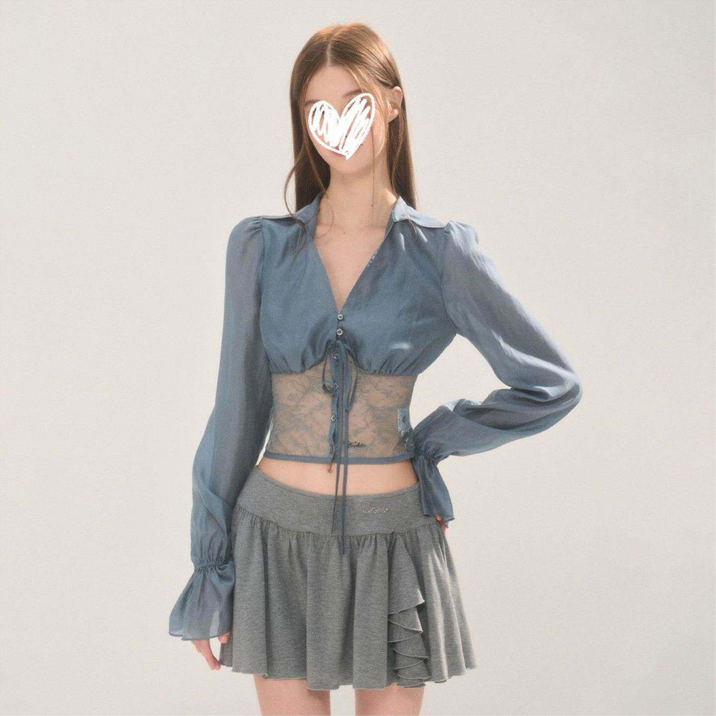 韩系辣妹风V领蕾丝拼接长袖衬衫女春季设计感小众短款上衣