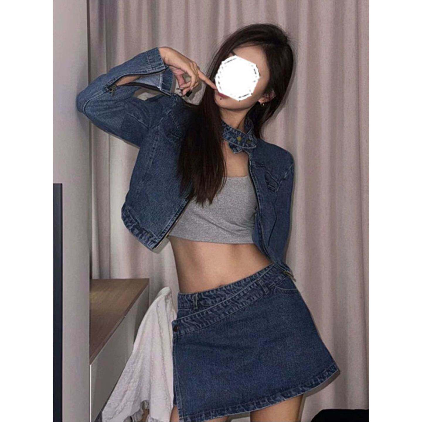 韩版复古做旧牛仔衬衫外套女春夏百搭翻领上衣高腰显瘦半身裙套装