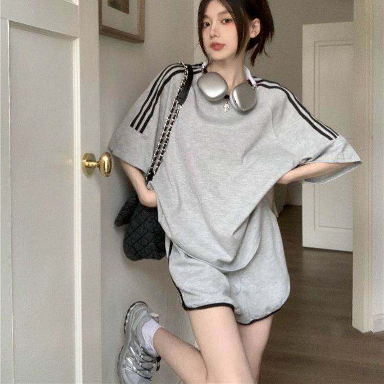 美式慵懒休闲运动套装夏学生女小个子宽松韩版薄款短袖短裤两件套