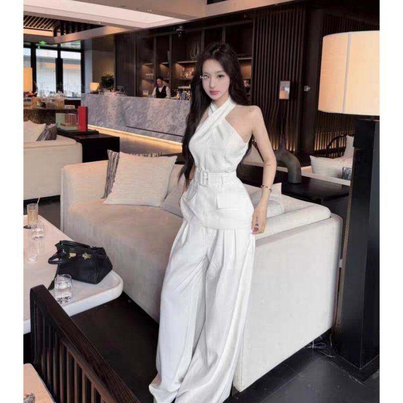 白色收腰无袖交叉挂脖背心上衣女夏季休闲套装高腰阔腿长裤两件套