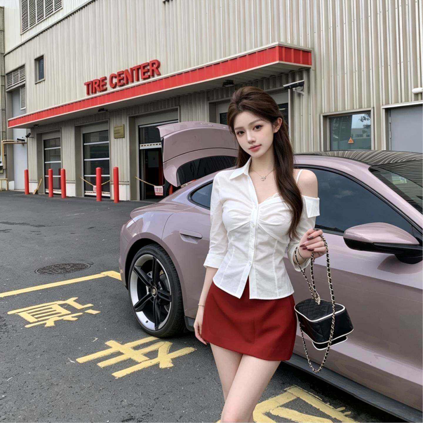 法式温柔假两件露肩衬衫女蕾丝吊带拼接褶皱修身显瘦长袖衬衣上衣