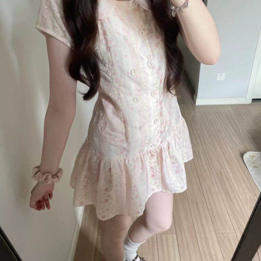法式少女感学院风娃娃领碎花衬衫连衣裙女夏季双排扣高级气质短裙
