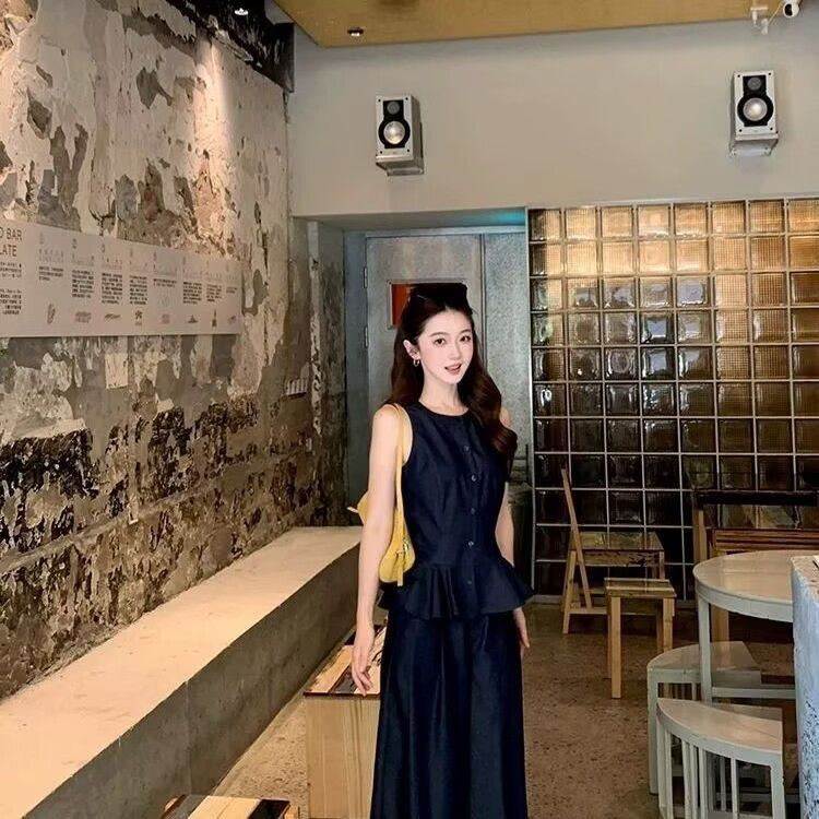 夏季深蓝色牛仔套装女圆领无袖收腰荷叶边马甲阔腿裤通勤两件套