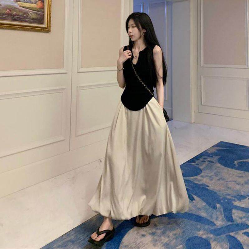 简约高级御姐上衣裙子穿搭两件套设计感U领无袖背心女半身长裙子