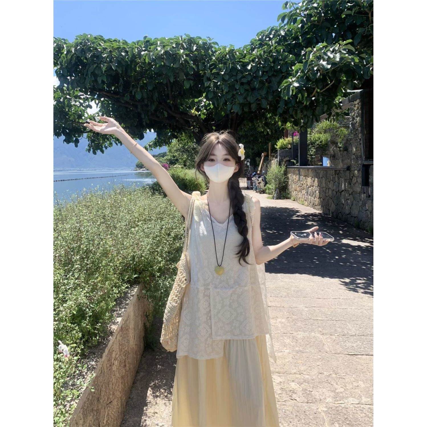 胖mm法式气质温柔风蕾丝无袖不规则罩衫超仙纯色吊带连衣裙两件套