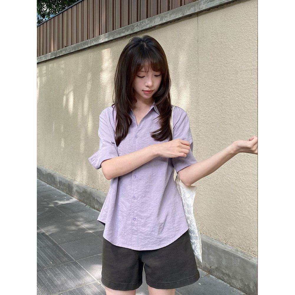 袖口卷边收腰显瘦中袖衬衫女工字皱褶宽松百搭纯色上衣
