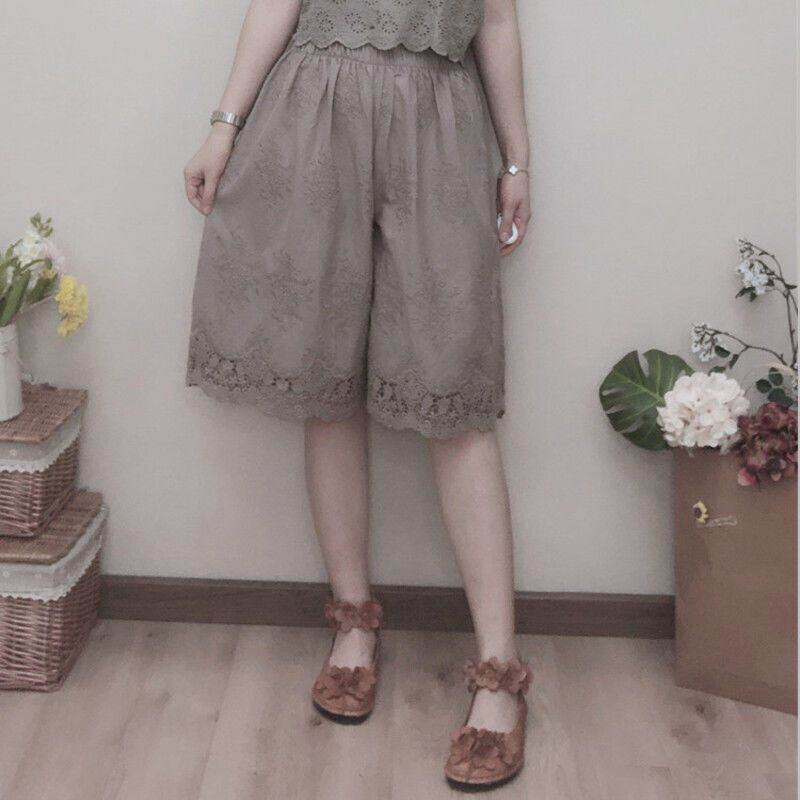 2026夏季新款甜美森女薄款镂空高腰阔腿裤女宽松蕾丝花边打底短裤