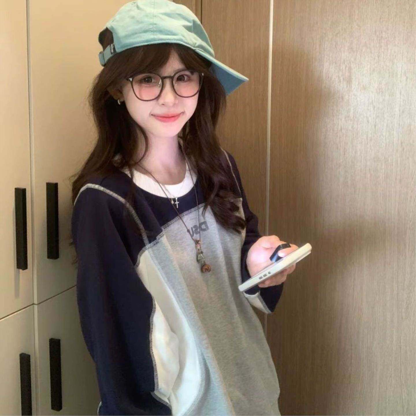 美式撞色明线拼接插肩卫衣女秋季薄款宽松韩系慵懒风情侣长袖上衣