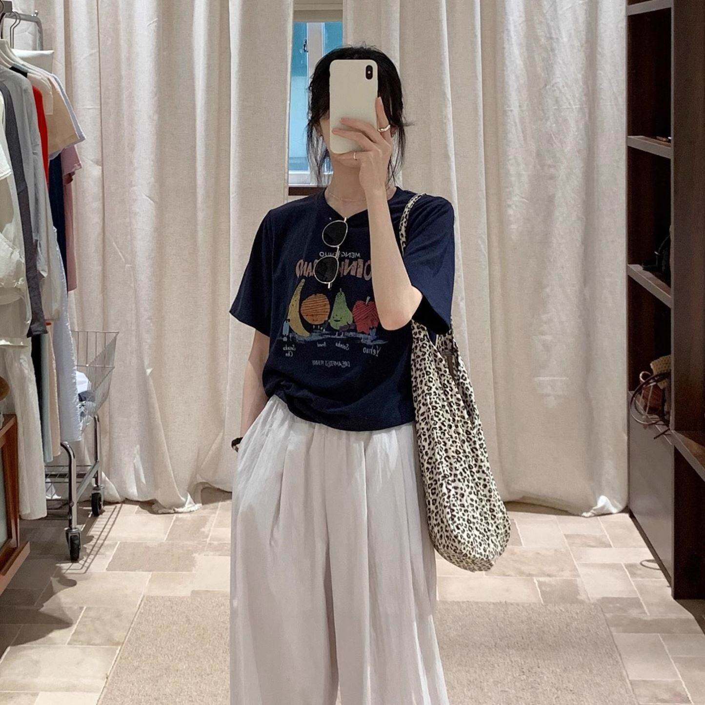 韩系蓝色水果印花短袖t恤女宽松休闲百搭显瘦设计感上衣2026夏季