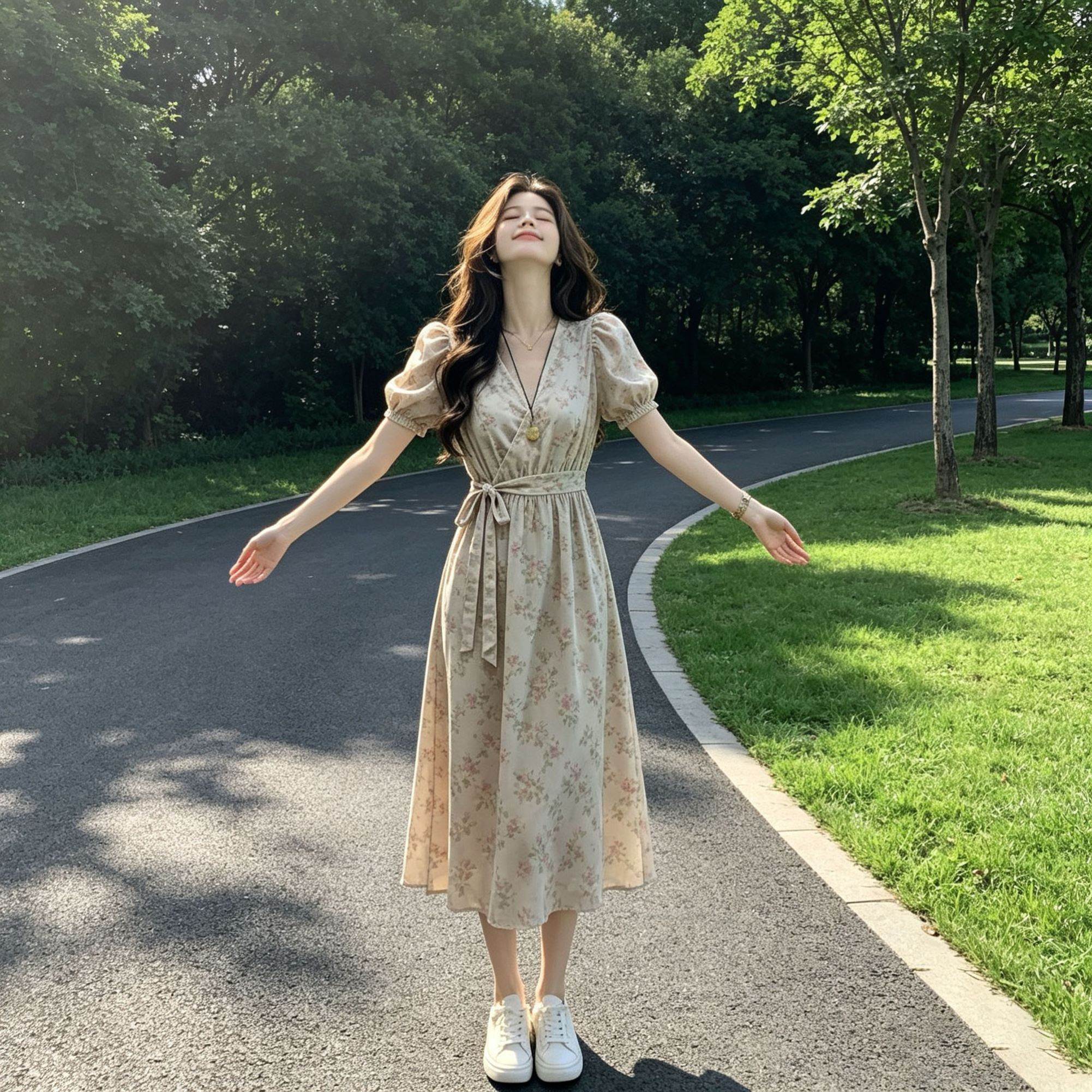 2026法式复古茶歇碎花长裙女夏季短袖泡泡袖设计高腰V领连衣裙女