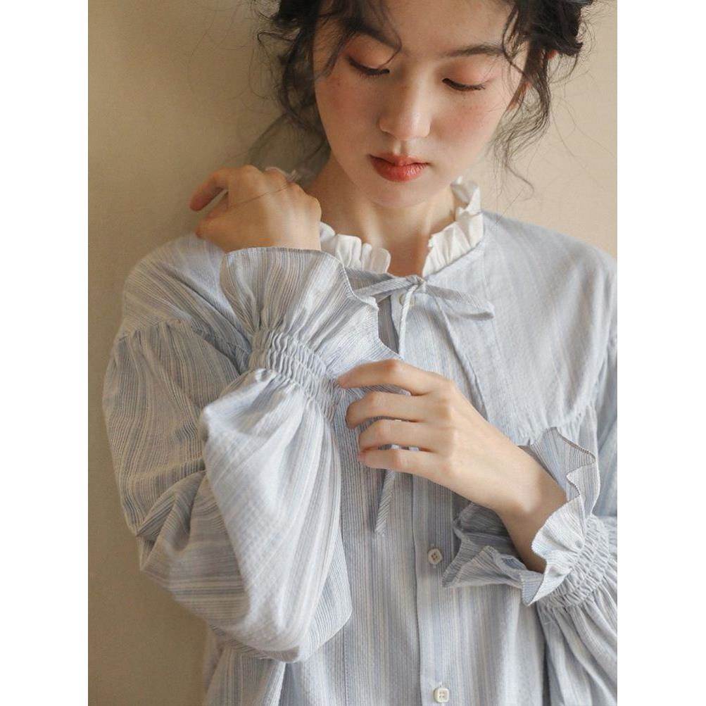 法式宫廷风高级感蝴蝶结条纹衬衫女春春季复古木耳边立领衬衣上衣