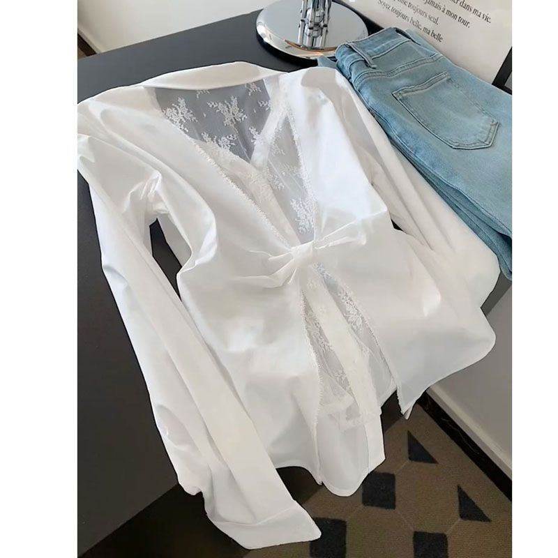 蕾丝拼接性感长袖衬衫镂空修身设计宽松新款百搭衬衣显瘦上衣