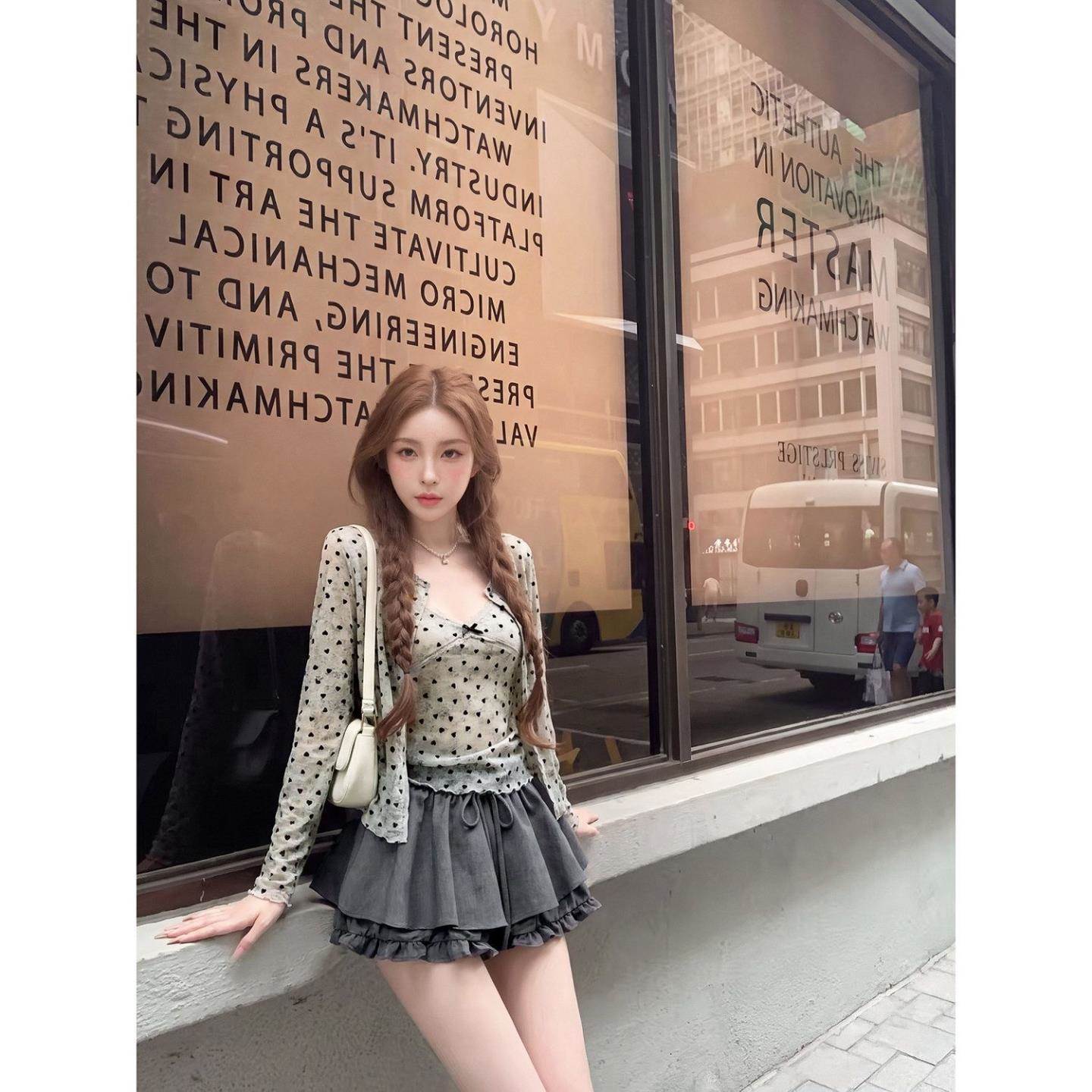气质薄款波点爱心长袖开衫女防晒蕾丝拼接吊带背心两件套漂亮上衣