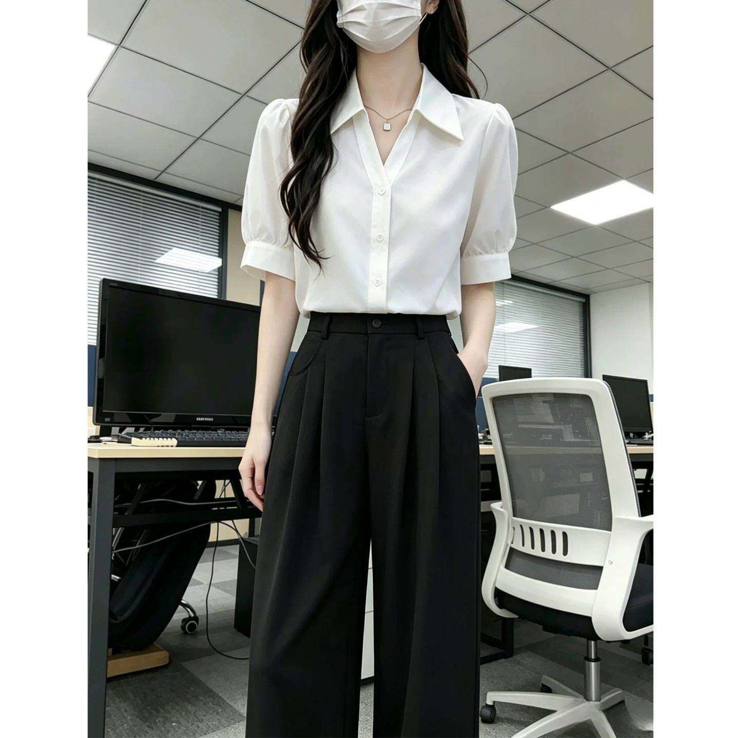 法式V领短袖职业衬衫女夏季新款教师公务员穿搭教资面试套装裤子