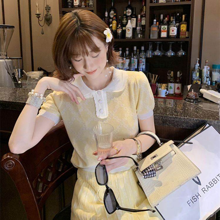 法式温柔风荷叶边娃娃领针织两件套女夏装长款百褶半身裙小香套装
