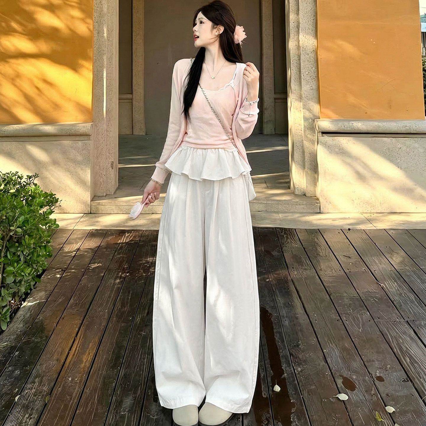 秋冬季屁帘阔腿裤女2026年垂坠感宽松荷叶边假两件老钱风直筒长裤
