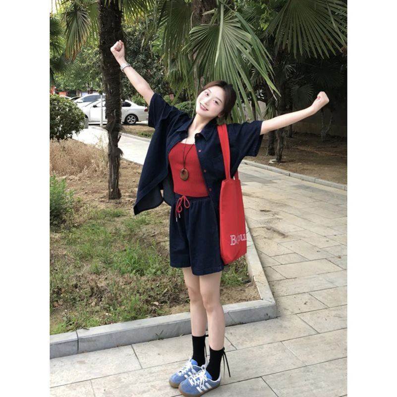 大码胖mm巨显瘦时髦牛仔短裤套装女夏装一整套大方得体穿搭两件套