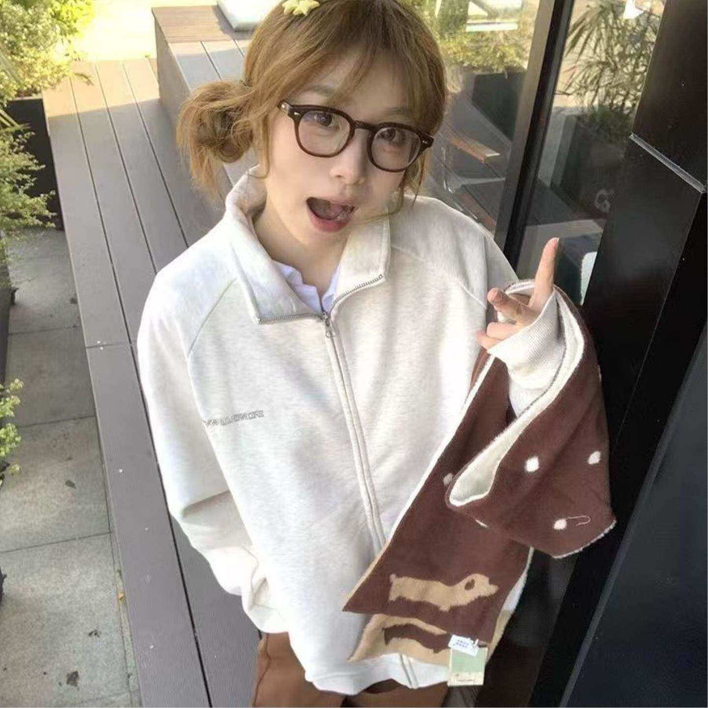 美式复古慵懒风设计纯色翻领外套女春秋薄款宽松休闲百搭拉链卫衣