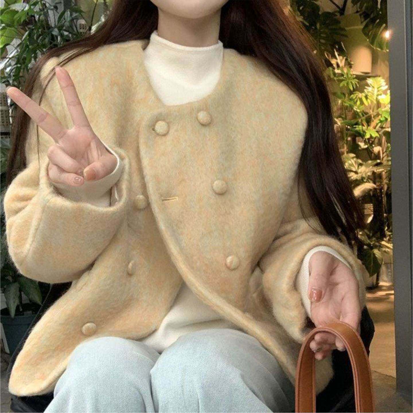 慵懒风潮流小香风毛呢外套春夏新款双排加厚短款小个子上衣女