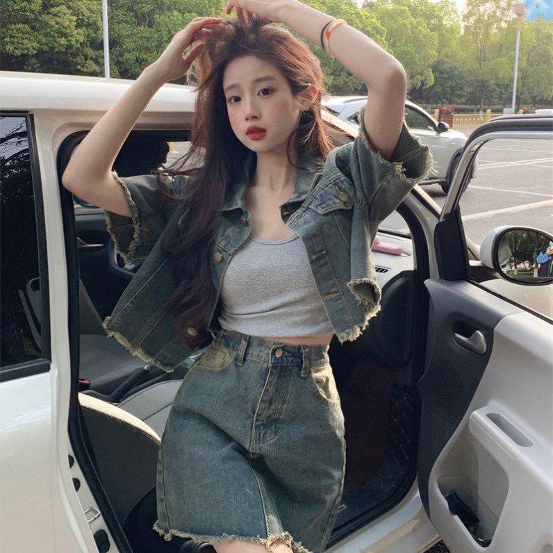 辣妹流苏港风牛仔套装裙女夏法式流苏短袖短款外套半身裙两件套装