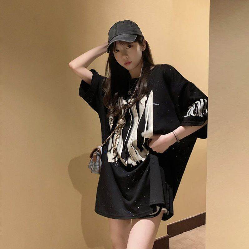 棉短袖t恤女宽松百搭慵懒中长款遮屁股热辣潮搭打底衫半袖上衣